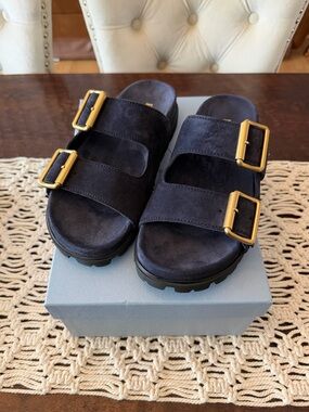 Prada Suede Double Buckle Slide Sandals - Size 39 (9) - Blue - New in Box